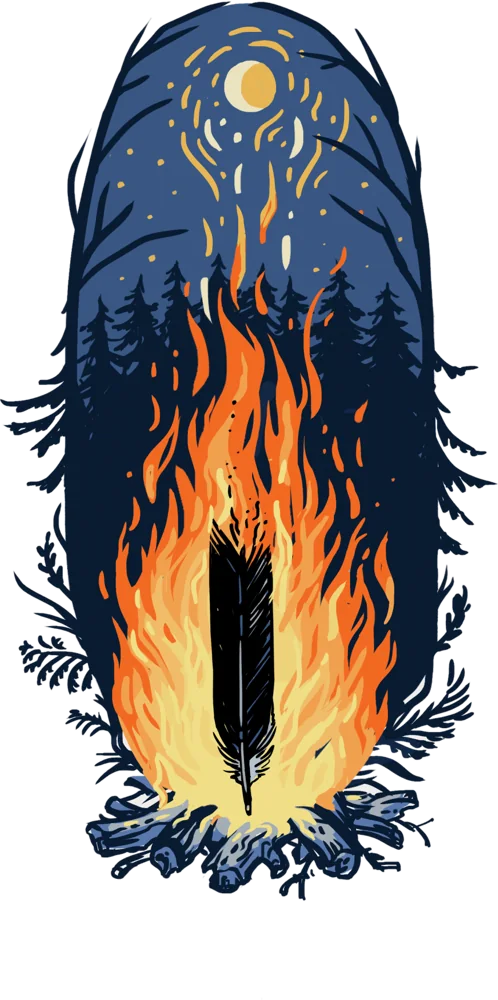 Ilustrácia: oheň v nočnom lese, v plameňoch krkavčie pero.