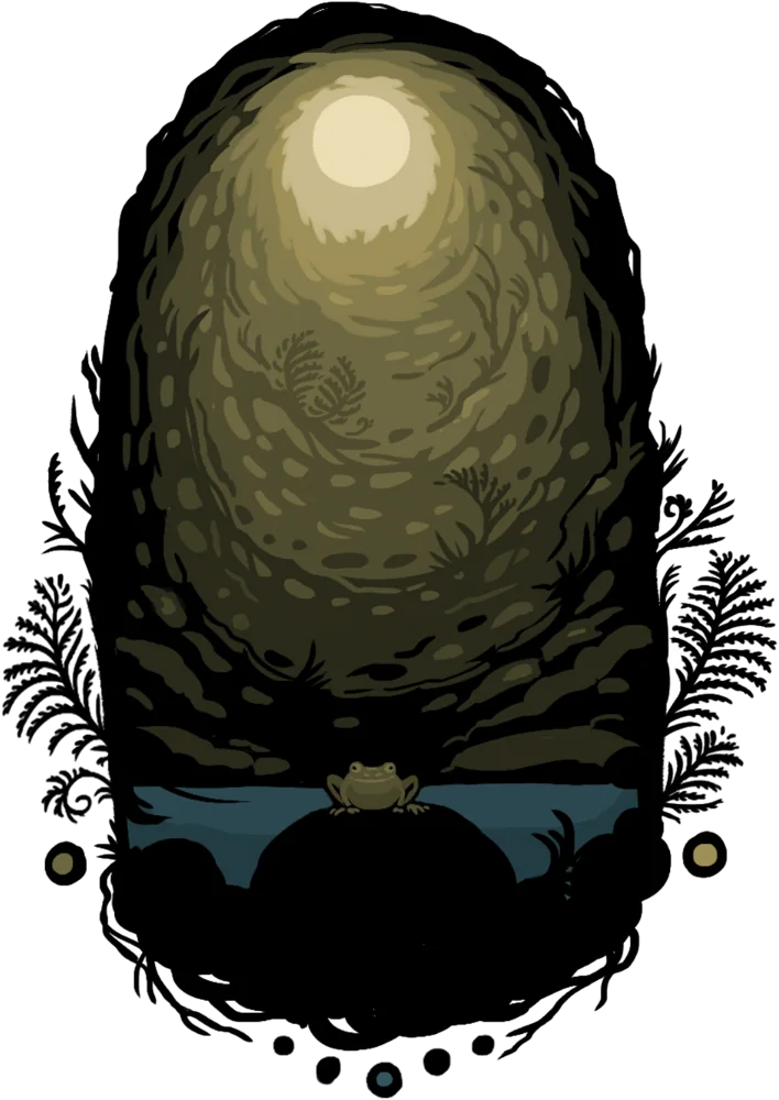 Ilustrácia: studnička v tmavom oblúku, nad vodou mesiac, na hladine žaba, okolo paprade.
