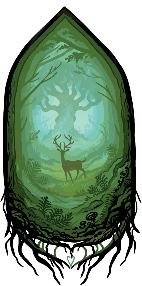 Ilustrácia z knihy: jeleň v zelenom posvätnom háji, za bránou z koreňov a konárov.