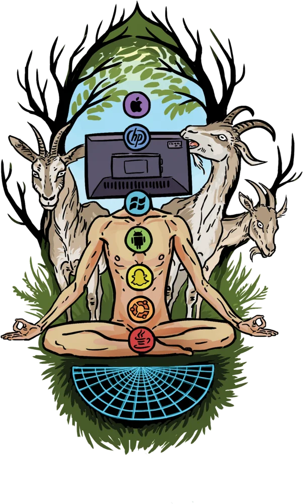 Ilustrácia: človek v meditačnej polohe s obrazovkou namiesto hlavy, okolo neho kozy a stromy.